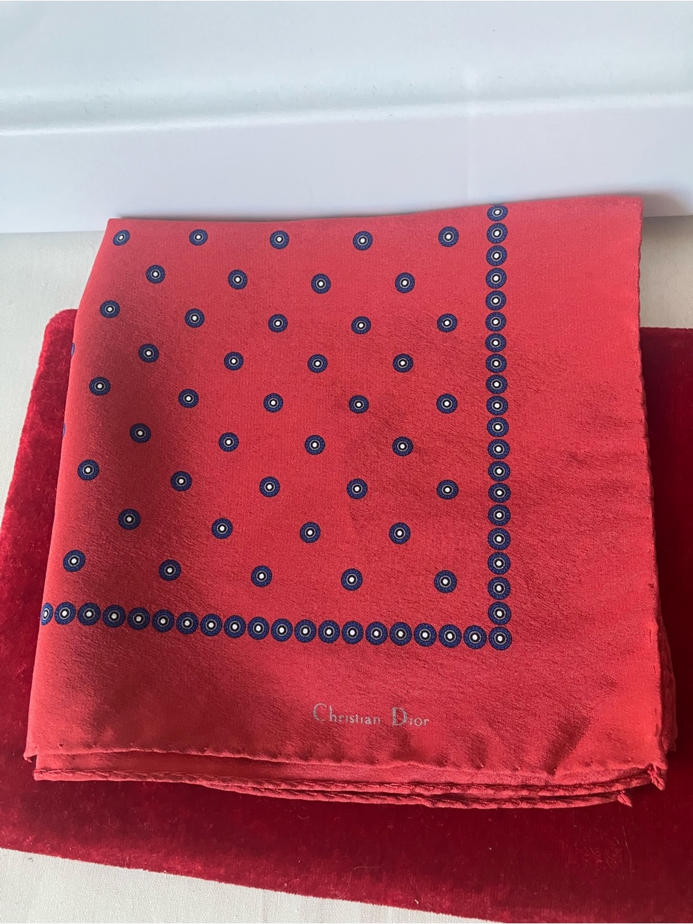 Christian Dior Silk Seta Italy Pocket Square Scarf Dark Red Pattern 14.5”.
